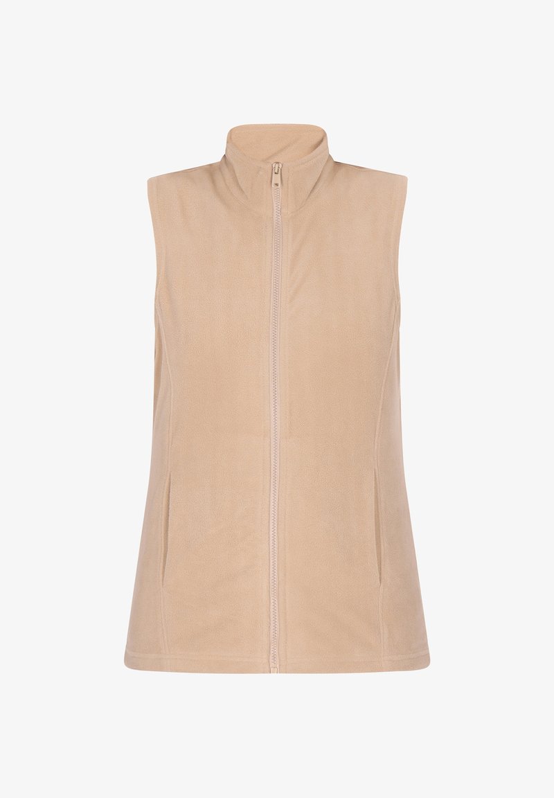 Beige Fleeceweste mit hohem Kragen, Frontreißverschluss und zwei seitlichen Taschen. Sie verfügt über eine glatte Textur und ein einfaches, ärmelloses Design.