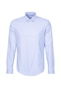 Hellblaues Herrenhemd mit langen Ärmeln, Knopfleiste vorne und klassischem Kragen auf weißem Hintergrund.