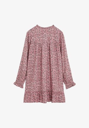 Rosa langärmeliges Kleid mit grauen Leopardenflecken, geraffter Taille und Bündchen sowie einem Volantsaum.