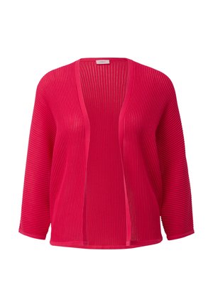 Cardigan a coste con apertura frontale in un vivace colore rosa, caratterizzato da maniche lunghe e morbide e una vestibilità rilassata. Il tessuto testurizzato aggiunge profondità.