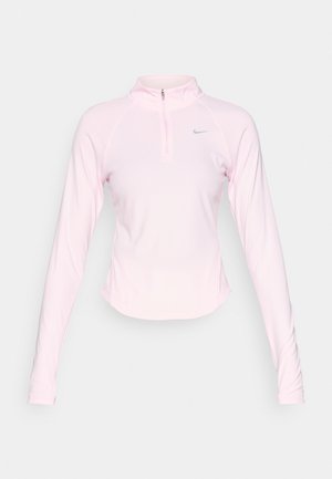 Light pink long-sleeve quarter-zip top made of smooth, stretchy fabric; features a high collar and a small gray logo on the chest.