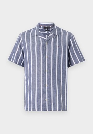 Short-sleeve shirt in blue and white vertical stripes, made of lightweight fabric with a classic collar and button closure. Logo detail included.