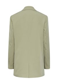 Blazer beige à manches longues avec un col à revers, vu de dos sur un fond blanc uni.