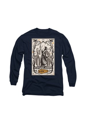 Long-sleeve navy shirt featuring a whimsical graphic print of three figures in robes, framed by ornate vines and stars. Bold typography below.