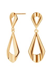 Złote wisiorki z nowoczesnym designem, charakteryzujące się wydłużonymi kształtami łez oraz wypolerowanymi powierzchniami, podkreślającymi gładkie krzywizny i otwarte centra.
