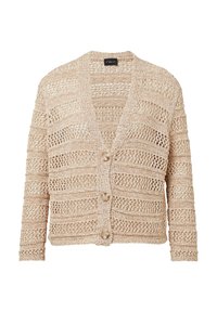 Beige gestrickter Cardigan mit lockerem Strick, der horizontale Streifen, einen V-Ausschnitt und drei große Knöpfe auf der Vorderseite hat.