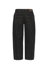 Černé džíny z denimu rovného střihu s dvěma zadními kapsami s dekorativním švem a koženou nášivkou na pásku.