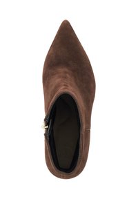 Brown suede pointed toe ankle boot with side zipper, viewed from above on a white background.