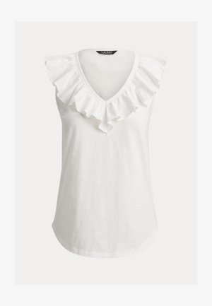 Bela brezrokavnik z V-izrezom in širokim volanastim robom okoli izreza in ramen.