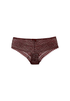 Bordeaux kanten slip met bloemendessin, gegolfde randen en een klein strikje als accent aan de achterkant. Zacht, semi-doorzichtig materiaal.