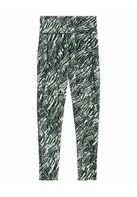 Legginsy z wysokim stanem w czarno-zielony abstrakcyjny wzór zebra, wykonane z elastycznego materiału o gładkiej teksturze i bocznymi kieszeniami.