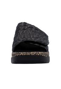 Black leather slide sandal featuring a textured, quilted upper and a patterned midsole. Open toe design with a flat rubber sole.