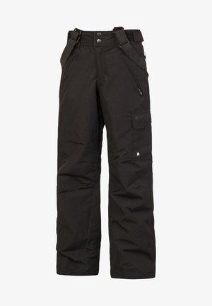 Pantalon de neige noir isolé avec bretelles réglables, poches avant zippées et poche cargo latérale avec rabat à fermeture.