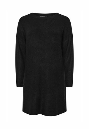 Tunic nera a maniche lunghe in maglia con scollatura rotonda, texture a coste e spacchi laterali per una maggiore libertà di movimento. Finitura liscia e vestibilità comoda.