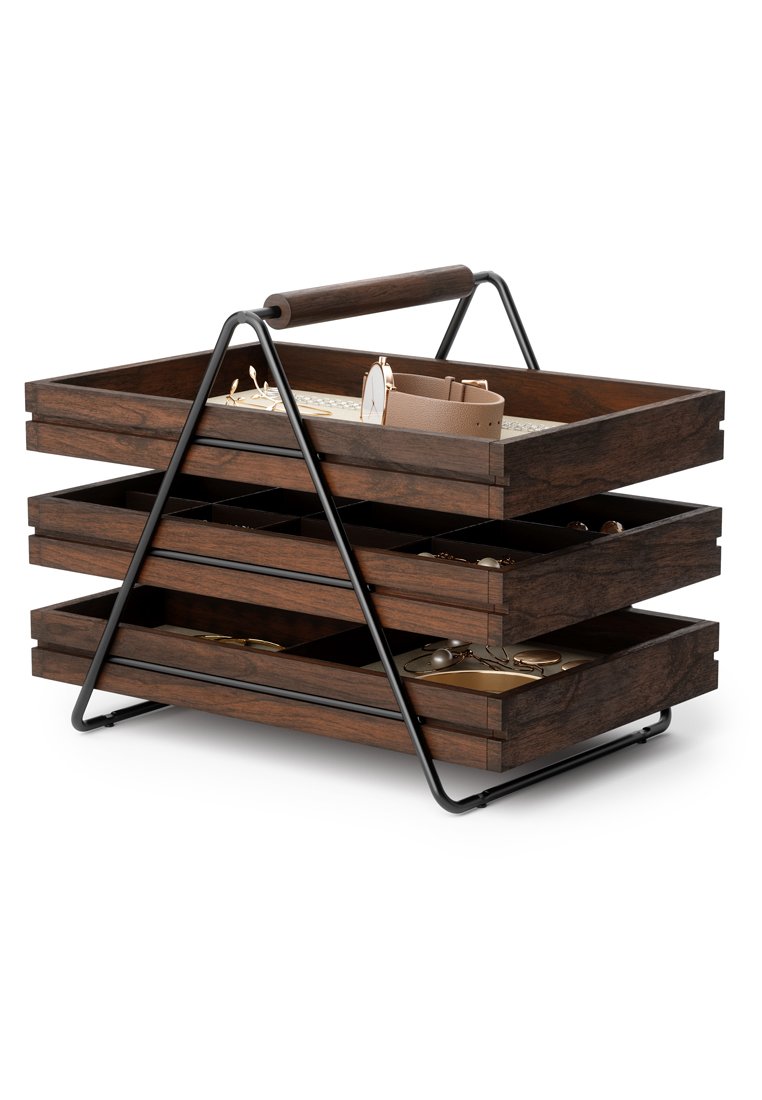Drewniana taca do przechowywania o ciemnym wykończeniu orzecha włoskiego, z czarną metalową ramą i uchwytem, zawierająca trzy przegrody do organizacji przedmiotów.