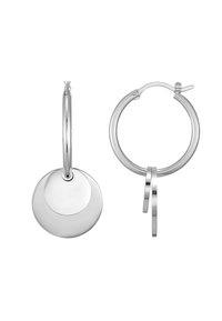 Orecchini a cerchio in argento con pendente a disco circolare e due accenti circolari pendenti, con una finitura lucida e un design senza giunture.