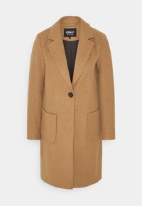 Abrigo de mezcla de lana marrón con cuello de muesca, cierre de un solo botón y dos bolsillos frontales. Corte recto y diseño de longitud media.