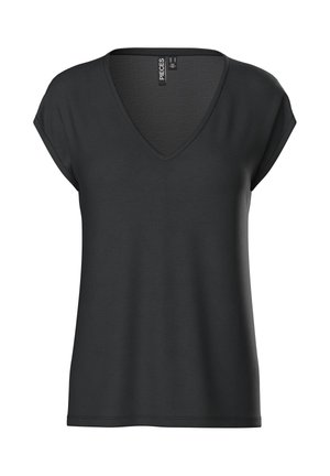 T-shirt noir à col en V en tissu doux avec manches courtes retroussées. Design simple sans motifs ni ornements.