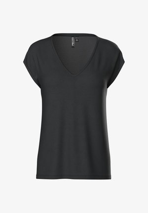 Čierne tričko s výstrihom do V vyrobené z mäkkej látky s krátkymi rukávmi s rolovaným lemom. Jednoduchý dizajn bez vzorov alebo ozdôb.