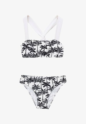 Černo-bílý bikini set s texturovaným topem a vzorem palmových listů, nastavitelnými bílými ramínky a odpovídajícími kalhotkami se stejným designem.