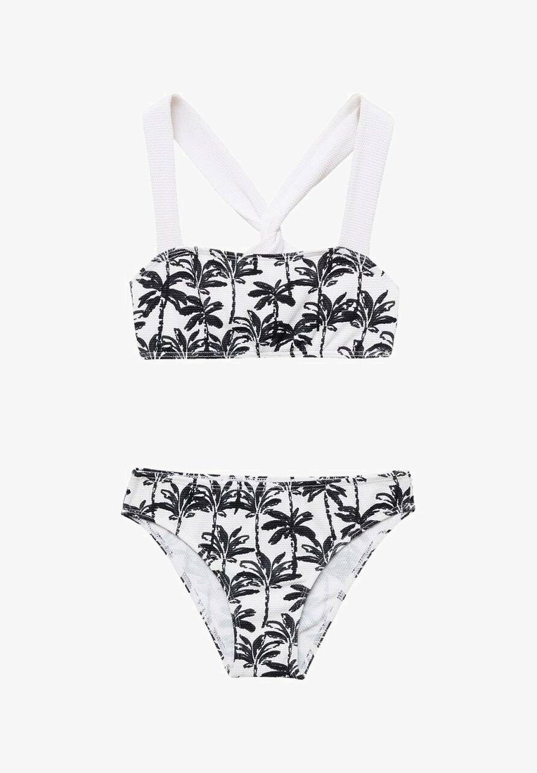 Černo-bílý bikini set s texturovaným topem a vzorem palmových listů, nastavitelnými bílými ramínky a odpovídajícími kalhotkami se stejným designem.