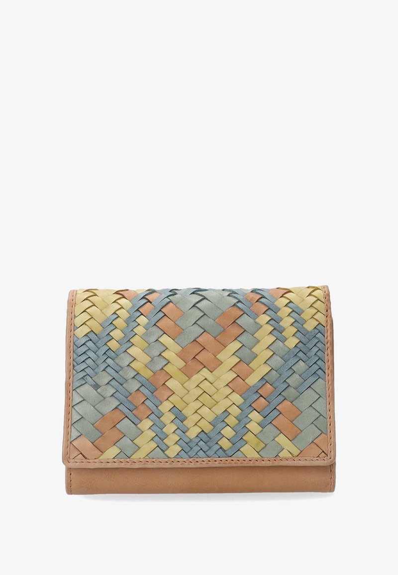 Portefeuille tissé en cuir mélangeant des teintes pastel vert, jaune et pêche. Base en cuir lisse marron clair avec une forme rectangulaire et un motif texturé.