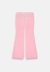 Roze velours broek met flared pijpen, voorzien van een kantafwerking aan de zoom en versierd met 'Juicy' tekst in rhinestones op de achterkant.