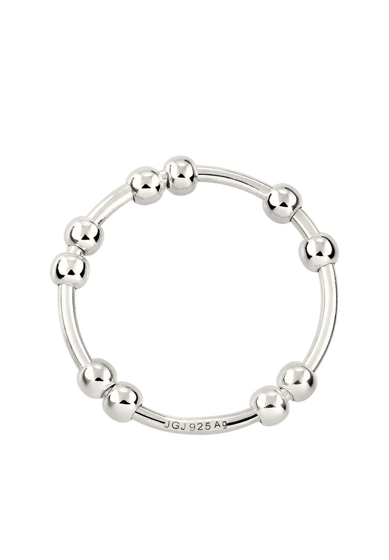 Sølvring med en glat bånd og jævnt fordelte sfæriske accenter. Markerede med "JGJ 925 A9" for ægthed.