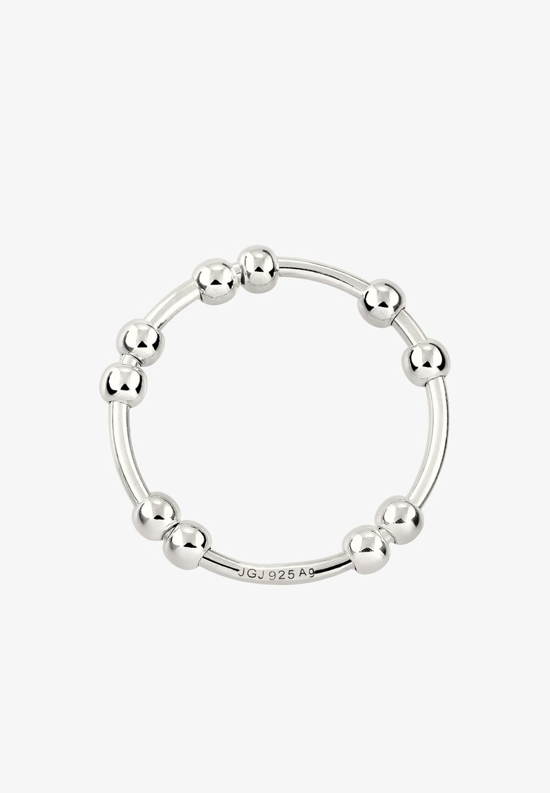 Silberner Ring mit glattem Band und gleichmäßig verteilten kugelförmigen Akzenten. Markiert mit "JGJ 925 A9" zur Echtheitsbestätigung.