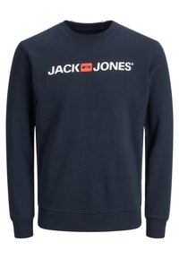 Felpa girocollo blu navy con maniche lunghe, caratterizzata dal logo "JACK & JONES" in bianco e rosso centrato sul petto.