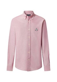 Camisa de botones de manga larga rosa con collar abotonado y pequeño logo bordado en el lado izquierdo del pecho.