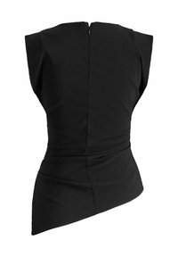 Sort top med korte, strukturerede ærmer, asymmetrisk kant og lynlås bagpå. Lavet af glat stof med en tætsiddende design.