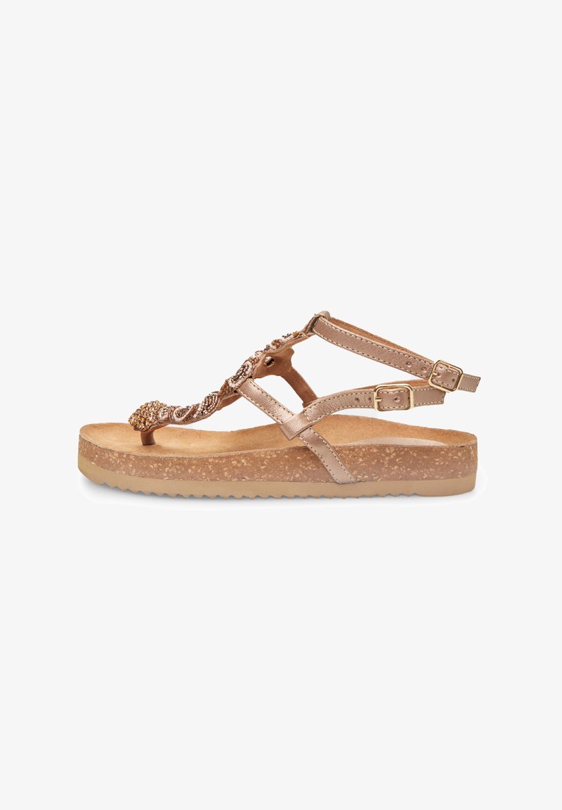 Roosa kuldne sandaal õhukese tallaga, millel on helmestega kaunistused, reguleeritavad rihmad ja korgilaadne tõstetud tallakate tekstuurse pinnaga.