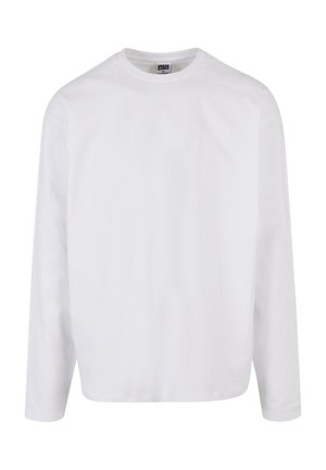 Tricou din bumbac alb cu mânecă lungă, guler rotund, croială lejeră, fără motive sau accente vizibile. Textură netedă.