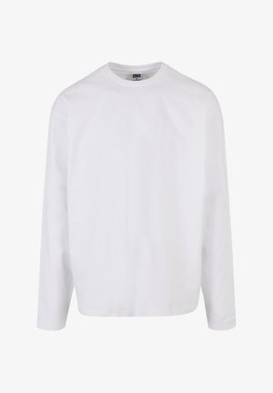 Långärmad vit bomullströja med rund halslinning, avslappnad passform och utan synliga mönster eller detaljer. Slät textur.
