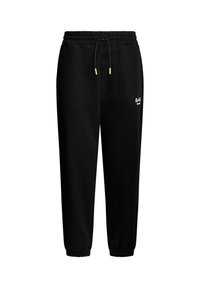 Μαύρα παντελόνια jogging με ελαστική μέση και ρυθμιζόμενο κορδόνι. Διαθέτουν λευκό λογότυπο στο αριστερό μηρό και ελαστικά μανσέτες στους αστραγάλους.