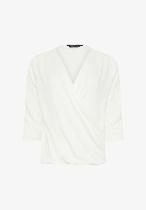 Witte wikkelblouse met lange mouwen, V-hals en licht geplooide stofdetails.