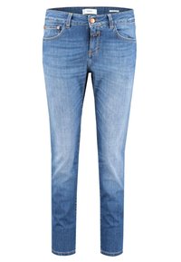 Světlé modré slim-fit džíny s předním zapínáním na knoflík a zip, pětikačkovým designem a detaily měděných nýtků.
