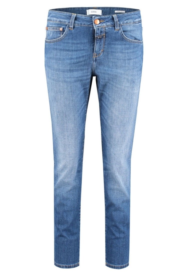 Světlé modré slim-fit džíny s předním zapínáním na knoflík a zip, pětikačkovým designem a detaily měděných nýtků.