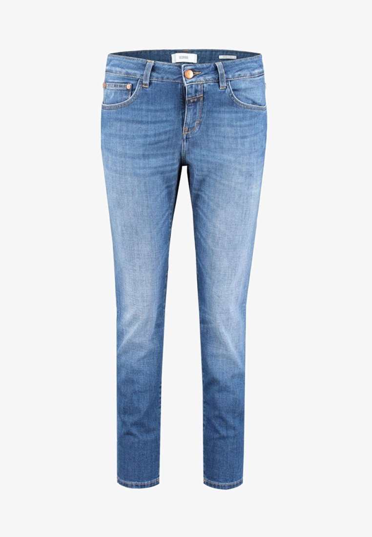 Světlé modré slim-fit džíny s předním zapínáním na knoflík a zip, pětikačkovým designem a detaily měděných nýtků.