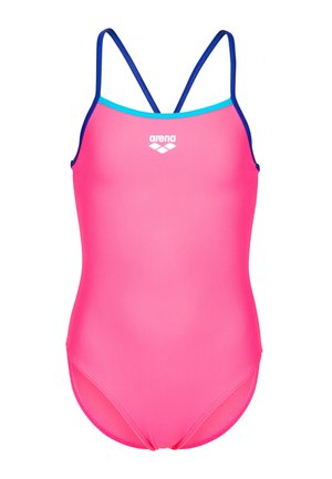 Bañador de una pieza rosa con tirantes azules y ribete azul claro, con el logo blanco de Arena en el pecho.