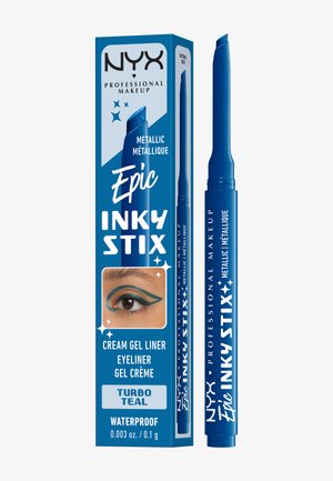 EYELINER in crema metallizzato NYX Epic Inky Stix in tonalità teal turbo, con punta angolata, mostrato con confezione ed esempio di trucco per occhi.