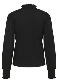 Black long-sleeve top with a high ruffled neck and smocked cuffs. Textured fabric and fitted design provide a structured silhouette.