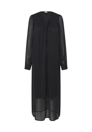 Black sheer dress with a tie neckline, long sleeves, and gathered detailing at the shoulders. Lightweight fabric with a flowy silhouette.