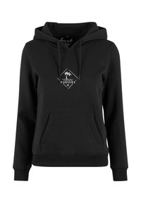 Čierna mikina s kapucňou, predným vreckom, sťahovacou šnúrkou a bielym logom palmy vo vnútri tvaru diamantu. Mäkkučký materiál, ležérny strih.