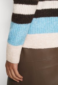 Pull à rayures avec des sections marron, crème et bleu clair. Confectionné en tissu tricoté avec des poignets côtelés. Associé à une jupe en cuir marron lisse.