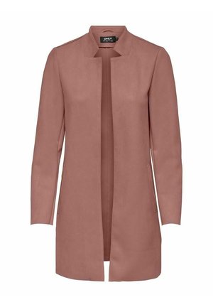 Manteau long pour femme, rose poussiéreux, ouvert à l'avant, avec manches longues et encolure sans col, doté de poches latérales.