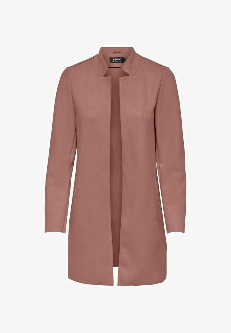 Manteau long pour femme, rose poussiéreux, ouvert à l'avant, avec manches longues et encolure sans col, doté de poches latérales.