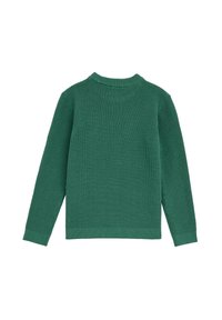 Pull vert en maille avec un motif gaufré texturé, col rond, poignets et ourlet côtelés. Vue de dos sans aucune décoration supplémentaire.