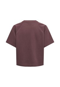 Sweat-shirt à manches courtes de couleur mauve foncé avec col rond, vu de dos avec un ourlet droit et des détails de couture simples.